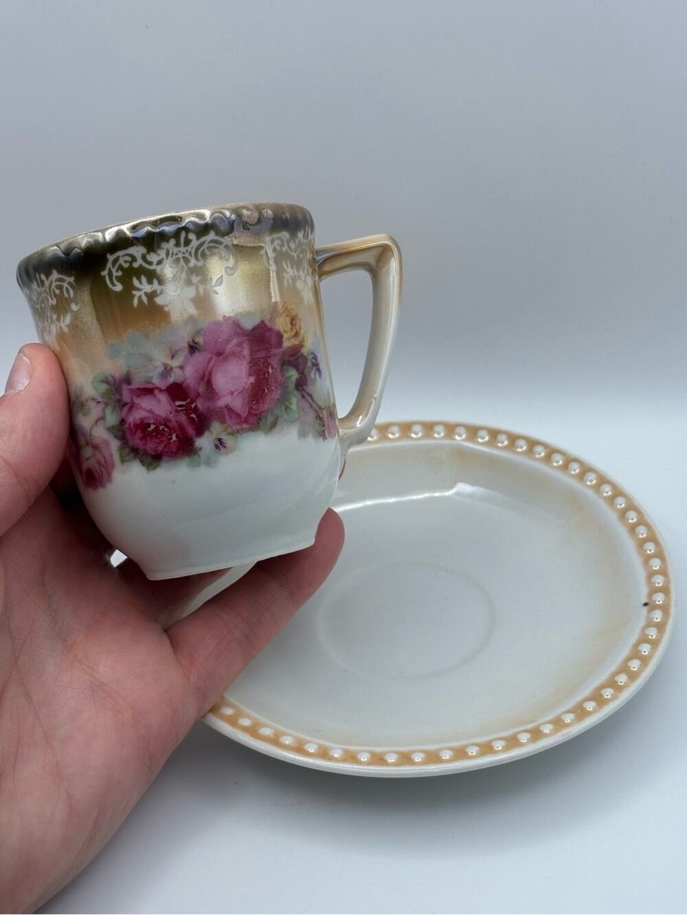Vintage Lusterware Rose Teacup and Saucer, Zwickau Porcelain Factory Germany